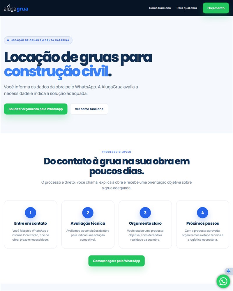 Página inicial do site Aluga Grua desenvolvida pelo Estúdio Lata de Leite