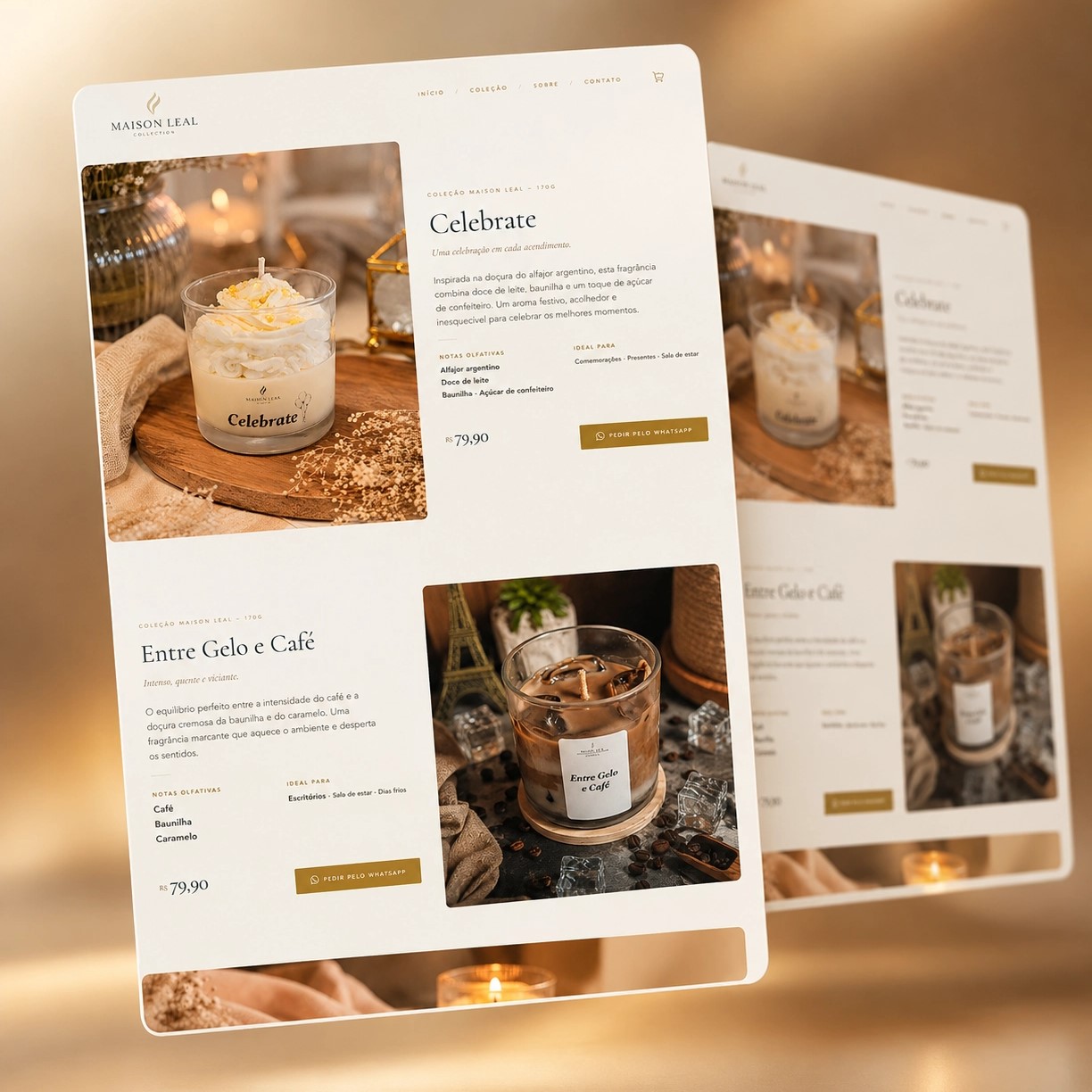 Catálogo online da Maison Leal com produtos apresentados em uma interface